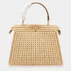 Fendi Beige Woven Leather and Straw Peekaboo Medium Iseeu Top Handle Bag