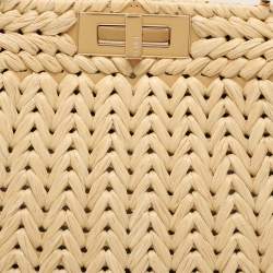 Fendi Beige Woven Leather and Straw Peekaboo Medium Iseeu Top Handle Bag