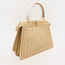 Fendi Beige Woven Leather and Straw Peekaboo Medium Iseeu Top Handle Bag