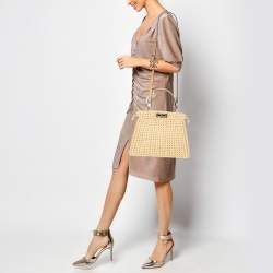 Fendi Beige Woven Leather and Straw Peekaboo Medium Iseeu Top Handle Bag