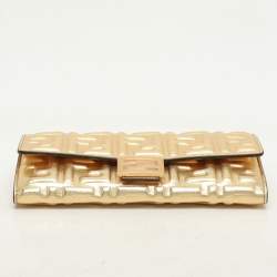 Pre Owned Fendi Gold Zucca Embossed Leather FF Flap Continental Wallet