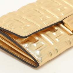 Pre Owned Fendi Gold Zucca Embossed Leather FF Flap Continental Wallet