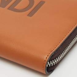 Fendi Brown Leather Logo Embossed Zip Around Wallet