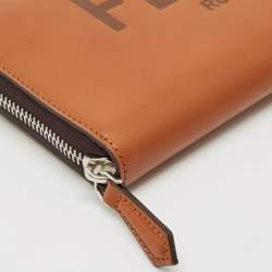 Fendi Brown Leather Logo Embossed Zip Around Wallet