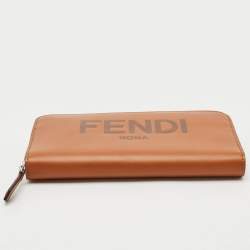 Fendi Brown Leather Logo Embossed Zip Around Wallet