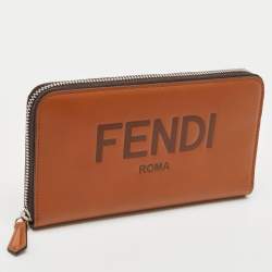 Fendi Brown Leather Logo Embossed Zip Around Wallet