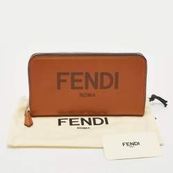 Fendi Brown Leather Logo Embossed Zip Around Wallet