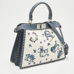 Fendi Blue/Off White Selleria Leather and Canvas Medium Astrology Peekaboo ISeeU Top Handle Bag