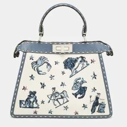 Fendi Blue/Off White Selleria Leather and Canvas Medium Astrology Peekaboo ISeeU Top Handle Bag