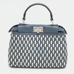 Fendi Blue/White Woven Leather Mini Peekaboo Top Handle Bag