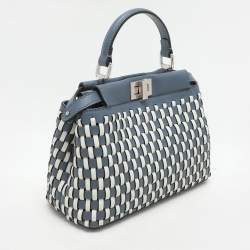 Fendi Blue/White Woven Leather Mini Peekaboo Top Handle Bag