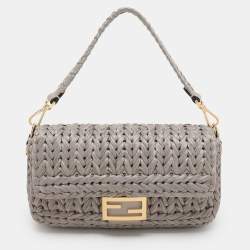 Fendi Grey Raffia and Leather Baguette Bag
