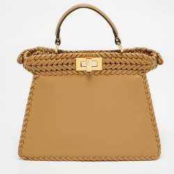Pre Owned Fendi Beige Leather Small Braided Peekaboo ISeeU Top Handle Bag