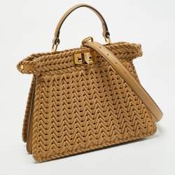 Pre Owned Fendi Beige Leather Small Braided Peekaboo ISeeU Top Handle Bag