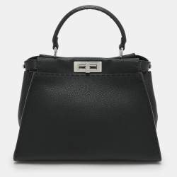 Fendi Black Selleria Leather Medium Peekaboo Top Handle Bag