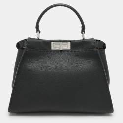 Pre Owned Fendi Black Selleria Leather Medium Peekaboo Top Handle Bag