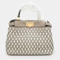 Fendi Toupe/White Woven Leather Mini Peekaboo Top Handle Bag