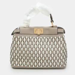 Fendi Toupe/White Woven Leather Mini Peekaboo Top Handle Bag