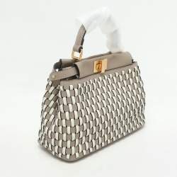 Fendi Toupe/White Woven Leather Mini Peekaboo Top Handle Bag
