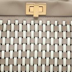 Fendi Toupe/White Woven Leather Mini Peekaboo Top Handle Bag