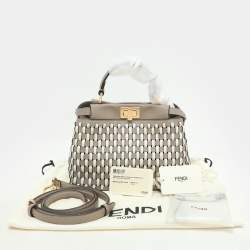 Fendi Toupe/White Woven Leather Mini Peekaboo Top Handle Bag