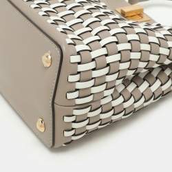 Fendi Toupe/White Woven Leather Mini Peekaboo Top Handle Bag