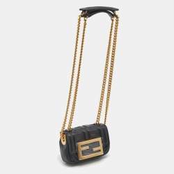 Pre Owned Fendi Black FF Embossed Leather Nano Baguette Crossbody Bag