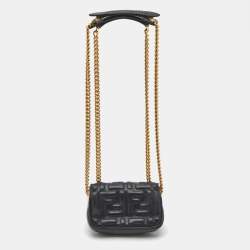Pre Owned Fendi Black FF Embossed Leather Nano Baguette Crossbody Bag