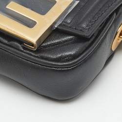 Pre Owned Fendi Black FF Embossed Leather Nano Baguette Crossbody Bag