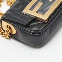 Pre Owned Fendi Black FF Embossed Leather Nano Baguette Crossbody Bag