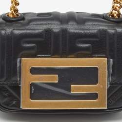 Pre Owned Fendi Black FF Embossed Leather Nano Baguette Crossbody Bag