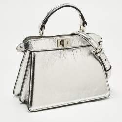 Pre Owned Fendi Silver Leather Petite Peekaboo ISeeU Top Handle Bag