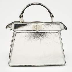 Pre Owned Fendi Silver Leather Petite Peekaboo ISeeU Top Handle Bag