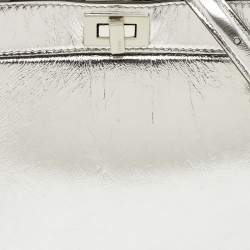 Pre Owned Fendi Silver Leather Petite Peekaboo ISeeU Top Handle Bag