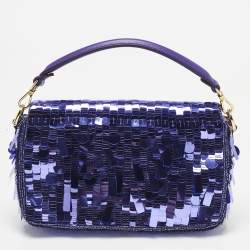 Pre Owned Fendi Purple Sequins and Leather Mini Baguette Bag