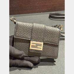 Pre Owned Fendi Black Micro Flat Baguette Cardholder With Strap
