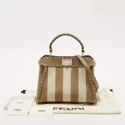 Pre Owned Fendi Brown Marco Stitch Selleria Leather Pequin Fabric Mini Peekaboo Top Handle Bag