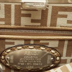 Pre Owned Fendi Brown Marco Stitch Selleria Leather Pequin Fabric Mini Peekaboo Top Handle Bag