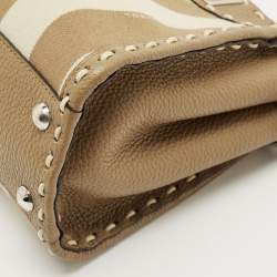 Pre Owned Fendi Brown Marco Stitch Selleria Leather Pequin Fabric Mini Peekaboo Top Handle Bag