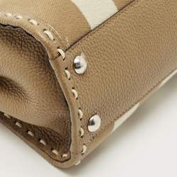 Pre Owned Fendi Brown Marco Stitch Selleria Leather Pequin Fabric Mini Peekaboo Top Handle Bag