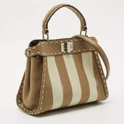 Pre Owned Fendi Brown Marco Stitch Selleria Leather Pequin Fabric Mini Peekaboo Top Handle Bag