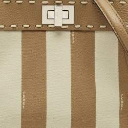 Pre Owned Fendi Brown Marco Stitch Selleria Leather Pequin Fabric Mini Peekaboo Top Handle Bag