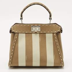 Pre Owned Fendi Brown Marco Stitch Selleria Leather Pequin Fabric Mini Peekaboo Top Handle Bag