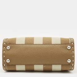 Pre Owned Fendi Brown Marco Stitch Selleria Leather Pequin Fabric Mini Peekaboo Top Handle Bag