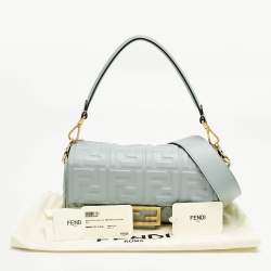 Pre Owned Fendi Light Blue Zucca Embossed Leather Medium Baguette Bag