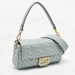 Pre Owned Fendi Light Blue Zucca Embossed Leather Medium Baguette Bag