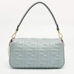 Pre Owned Fendi Light Blue Zucca Embossed Leather Medium Baguette Bag