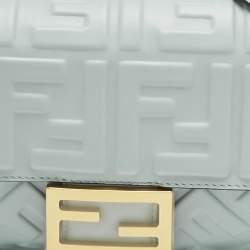 Pre Owned Fendi Light Blue Zucca Embossed Leather Medium Baguette Bag