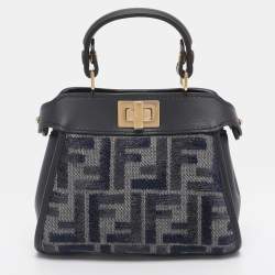 Pre Owned Fendi Blue FF Jacquard and Leather Nano Peekaboo Crossbody Bag
