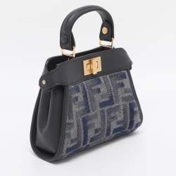 Pre Owned Fendi Blue FF Jacquard and Leather Nano Peekaboo Crossbody Bag
